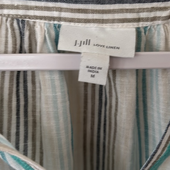 J. Jill Love Linen Blouse White With Teal Stripes Scroll Pattern Size M - Picture 2 of 10